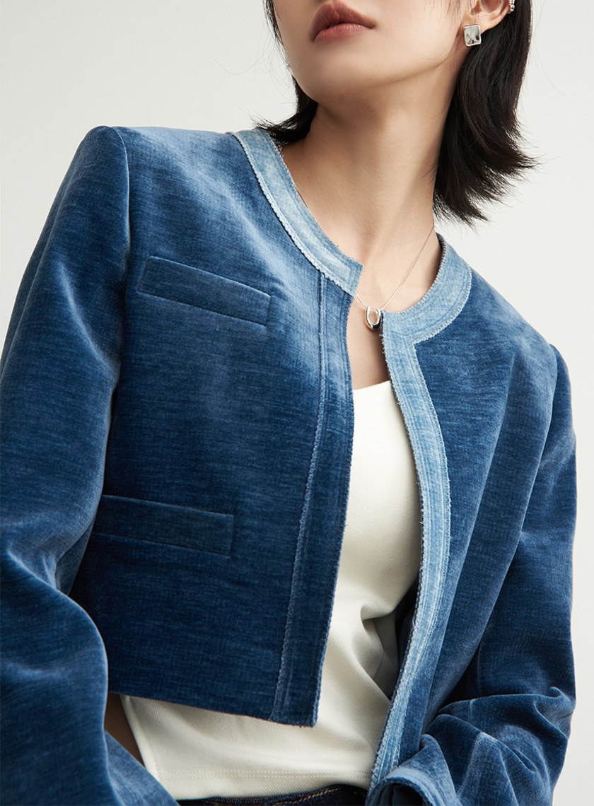 絨面無領雙色短版長袖外套